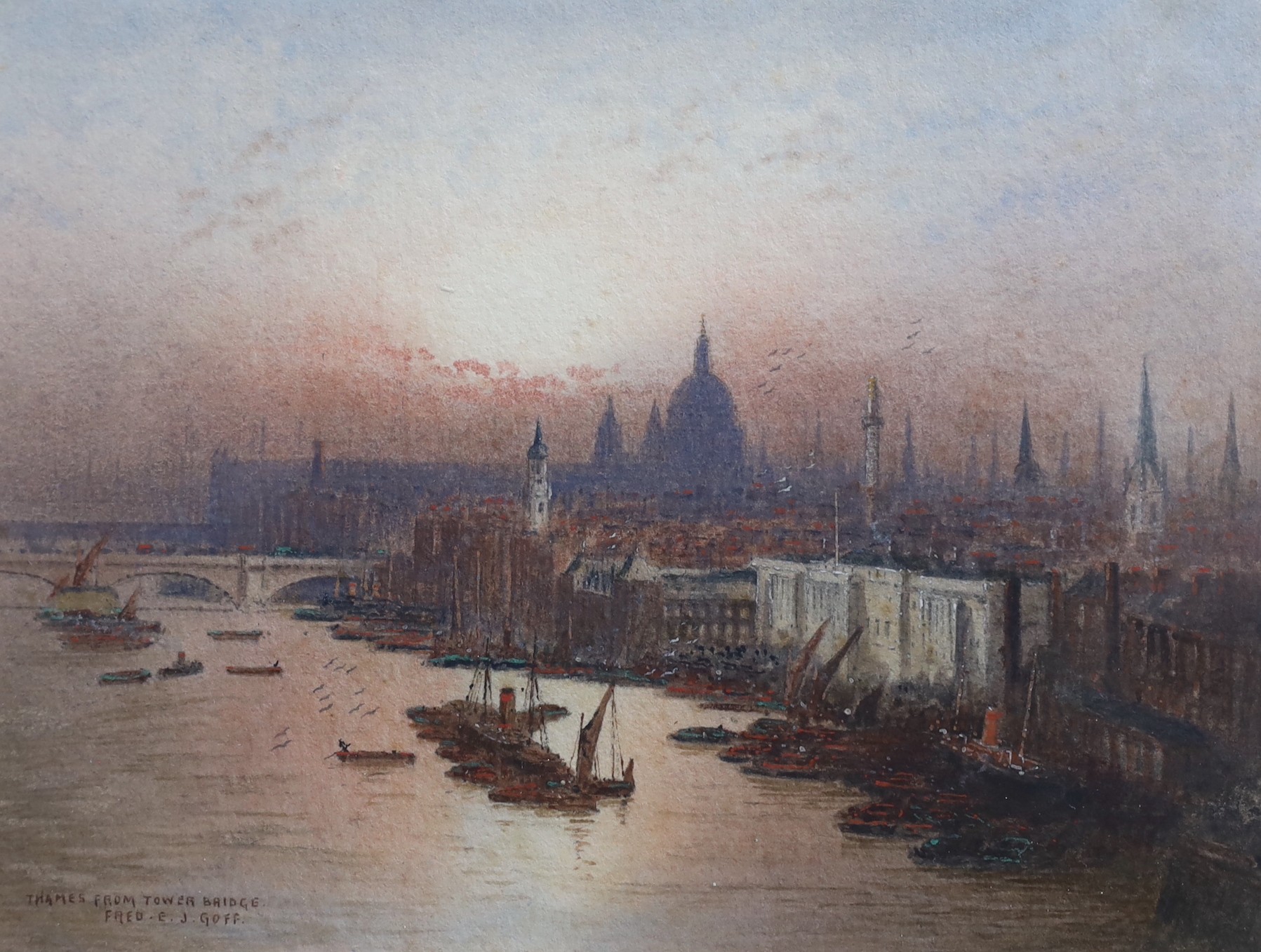 Frederick Edward John Goff (1855-1931), The City of London from Tower Bridge, watercolour, 11.5 x 15.5cm